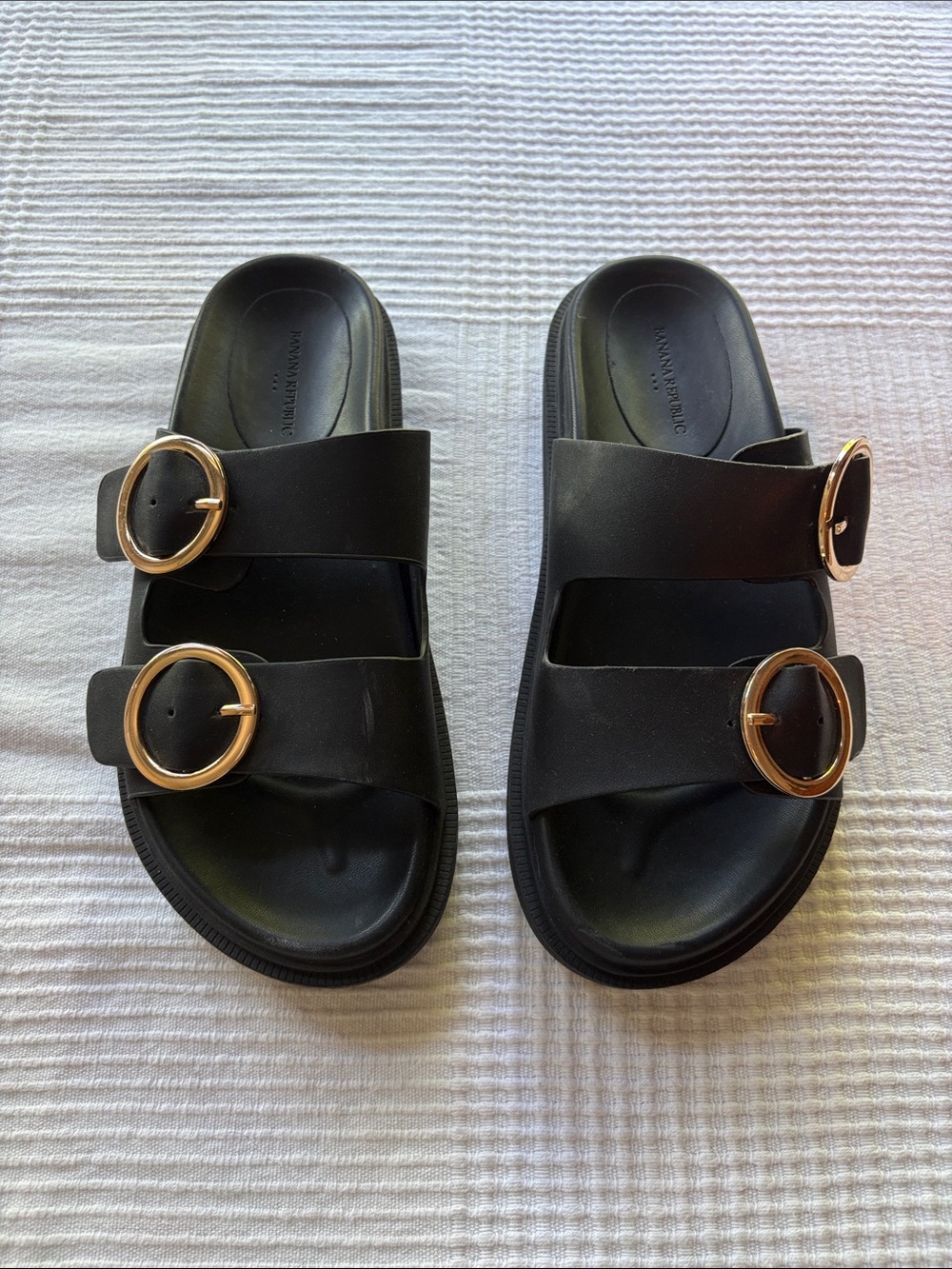 Banana Republic Black Slide Sandals with Gold Buckles